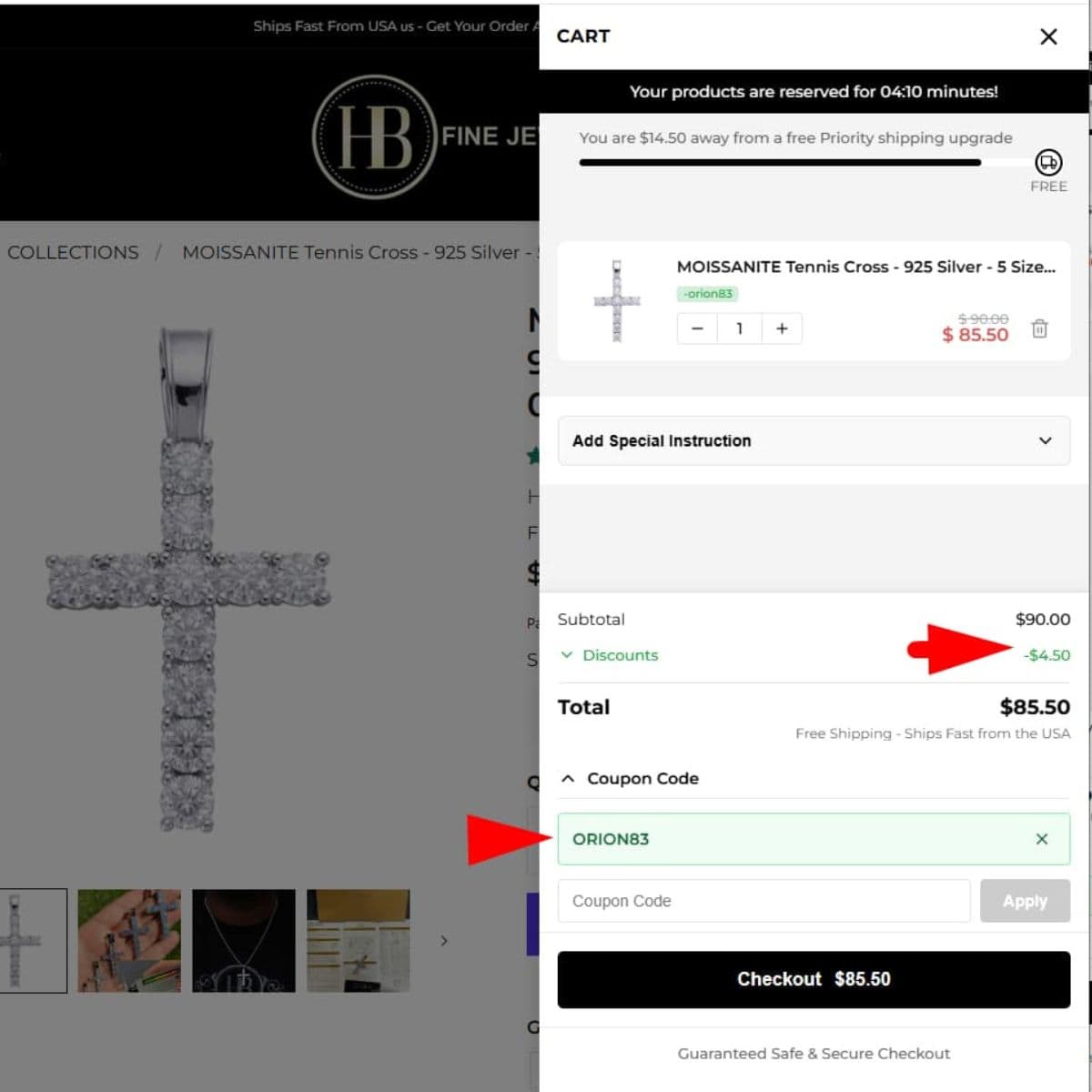 CandidCodes coupon verification workflow showing product page, cart, checkout discount line and final total
