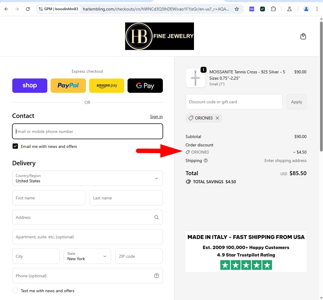 Harlembling checkout showing ORION83 discount applied before payment