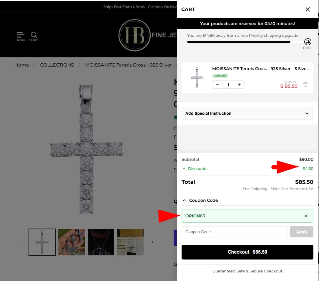 Harlembling checkout discount field with ORION83 coupon code entered