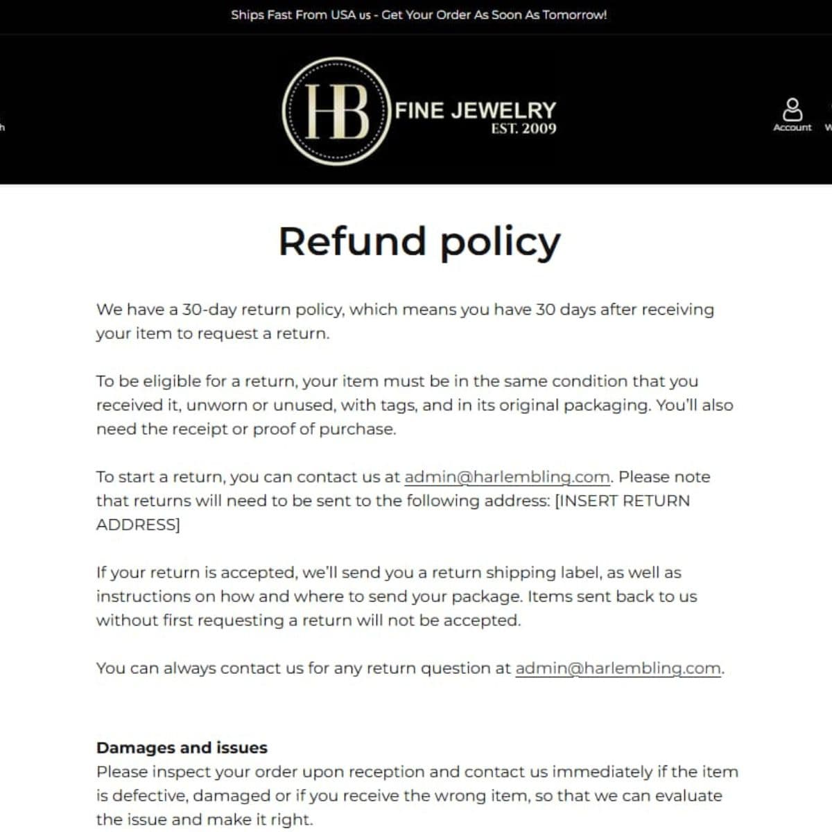 Harlembling returns center and return policy proof