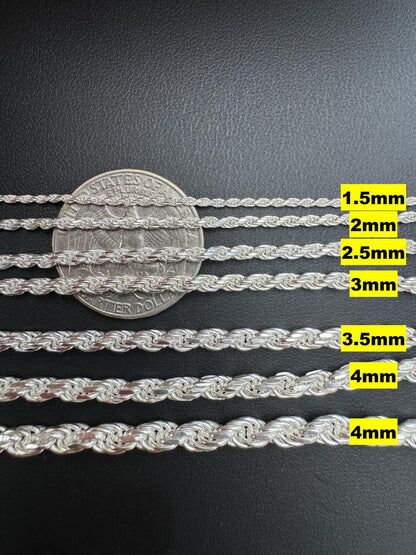 Harlembling Rope Chain widths from 1.5mm to 4mm compared with a quarter