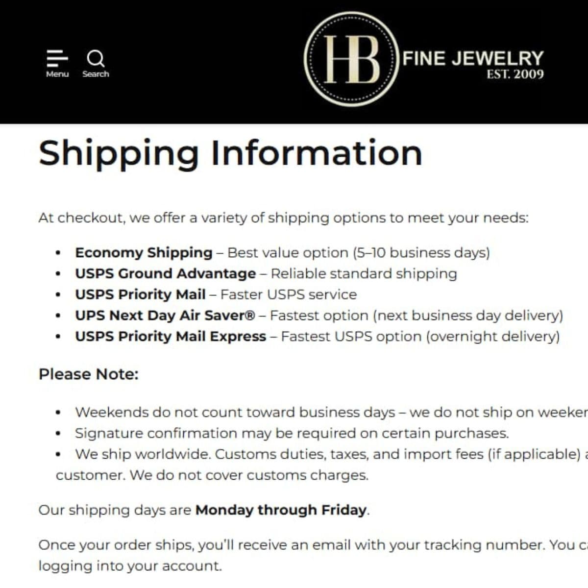 Harlembling shipping information proof with shipping options and tracking details