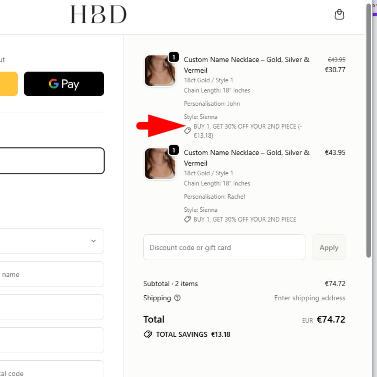 HBD cart offer buy 1 get 30 percent off second piece