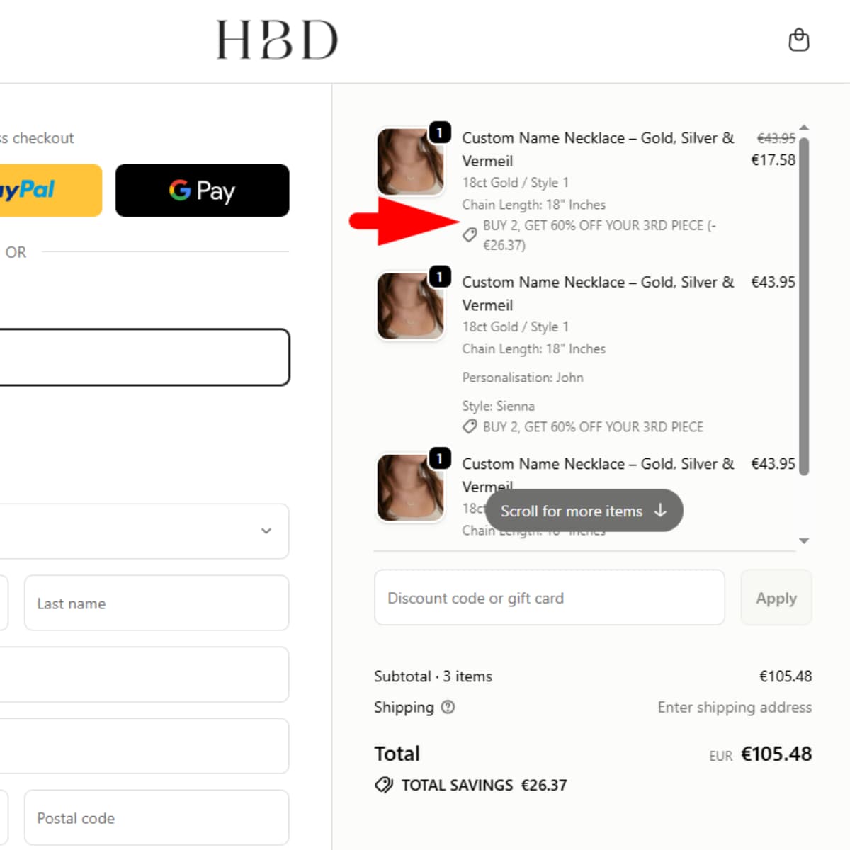 HBD cart offer buy 2 get 60 percent off third piece