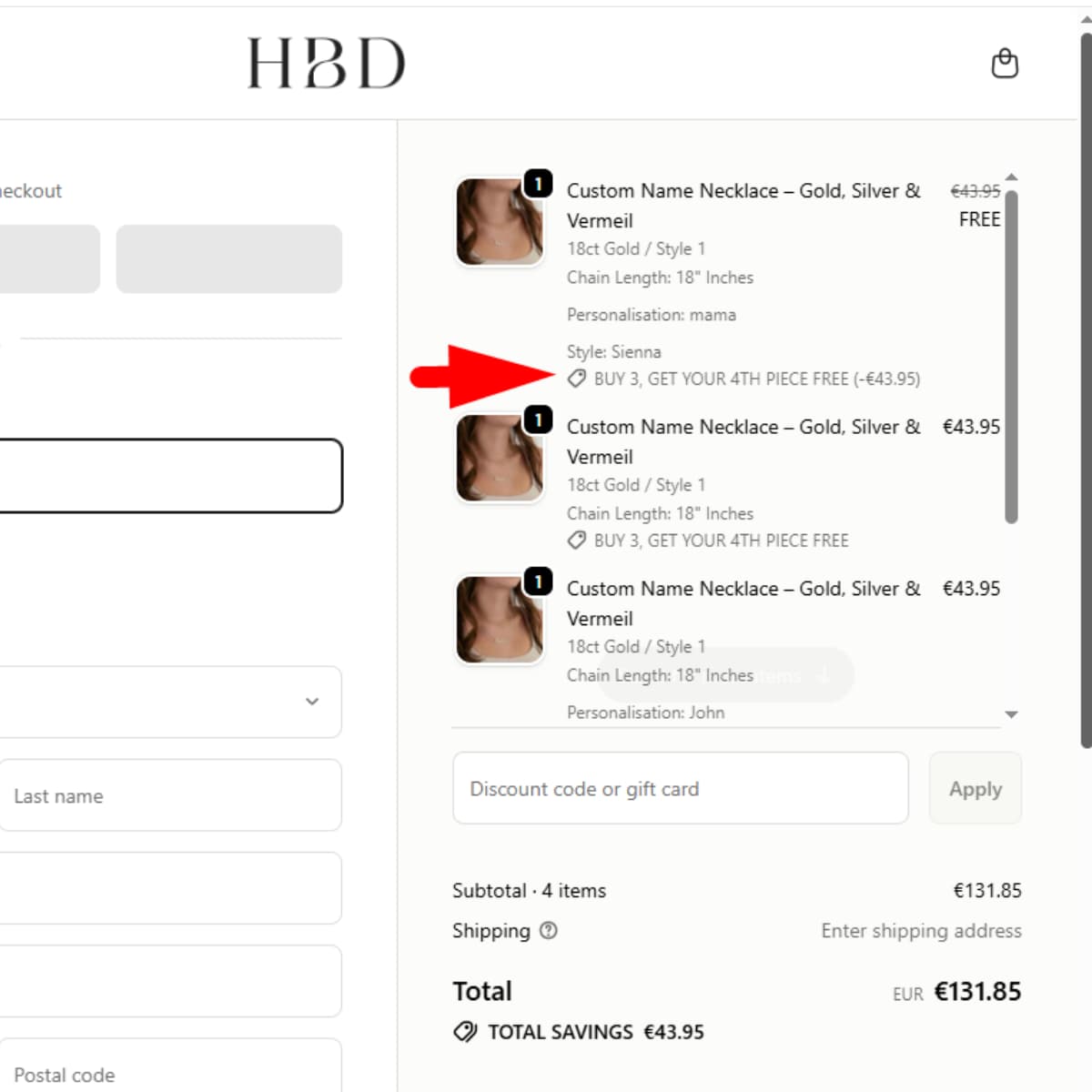 HBD cart offer buy 3 get your fourth piece free