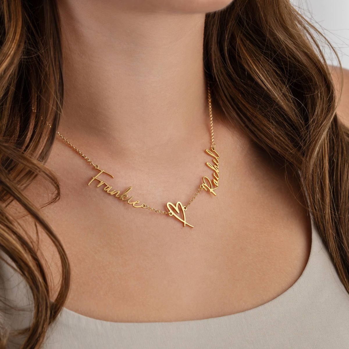 HBD Double Name with Heart Necklace gold side profile thumbnail