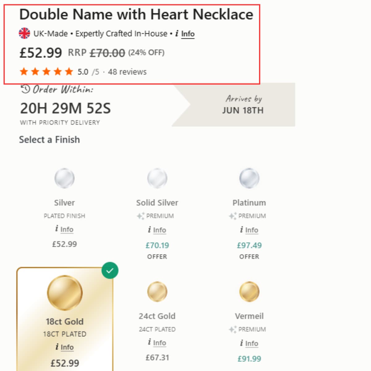 HBD Double Name with Heart Necklace product page price rating proof showing £52.99 price, £45 RRP, 24% off and 4.9 out of 5 rating