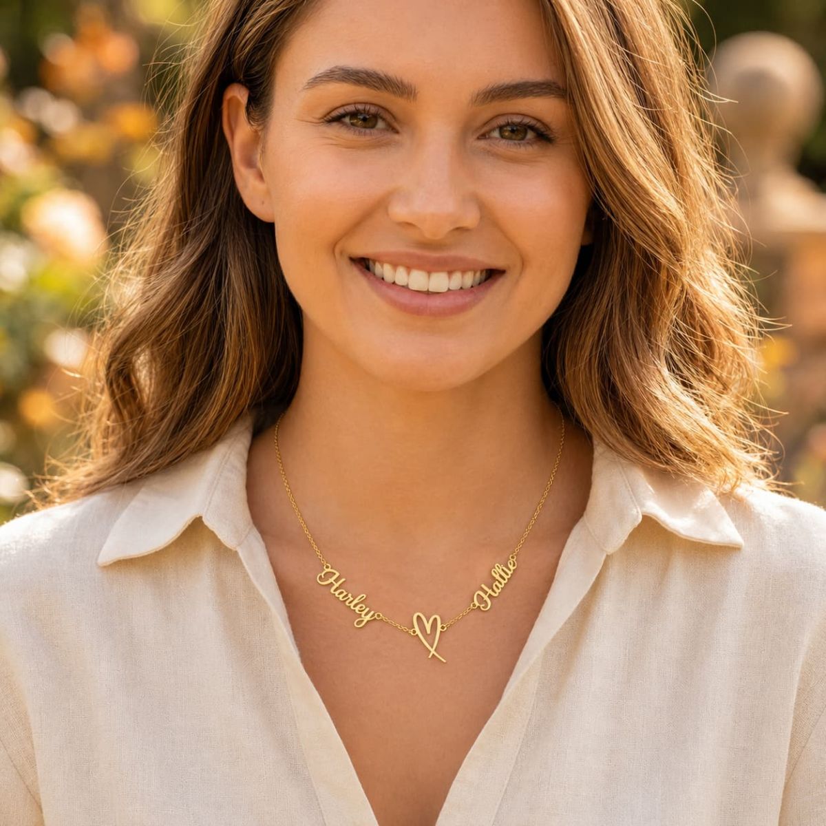 HBD Double Name with Heart Necklace gold Emily close-up