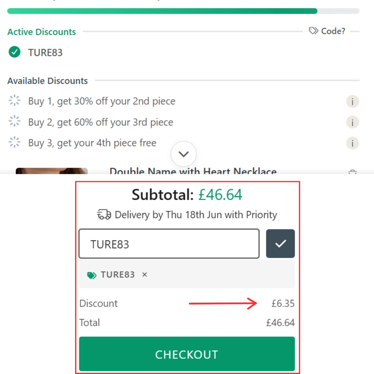 HBD Double Name with Heart Necklace TURE83 cart discount proof showing £46.64 subtotal