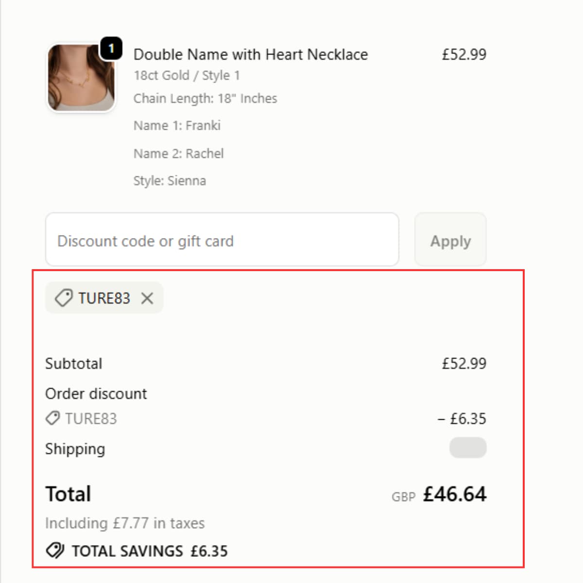 HBD Double Name with Heart Necklace checkout proof showing order discount and £46.64 total