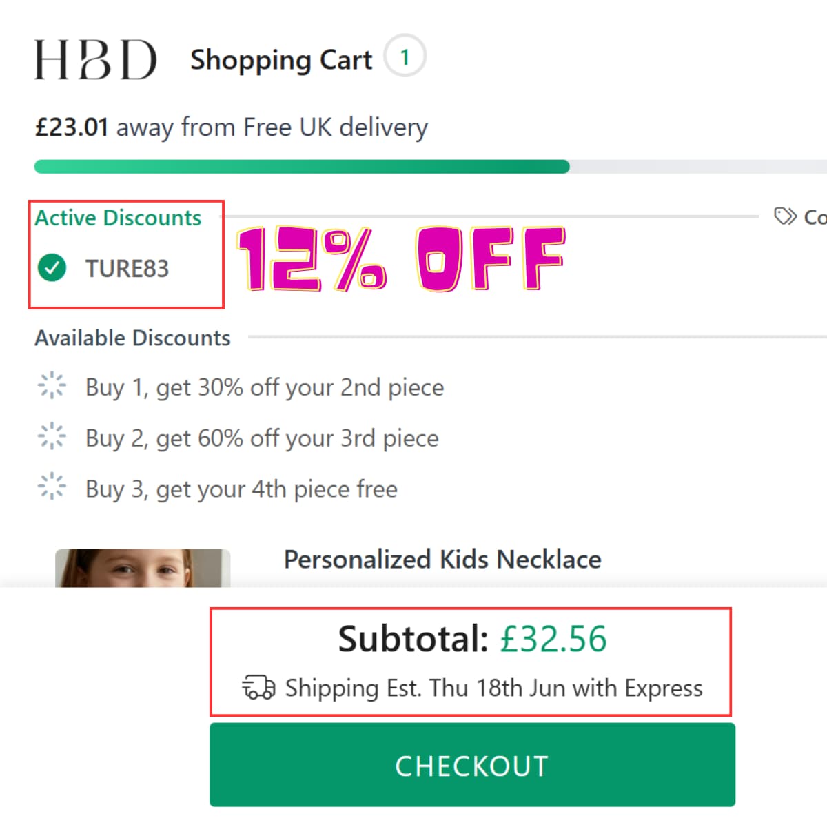 HBD cart proof showing TURE83 active discount