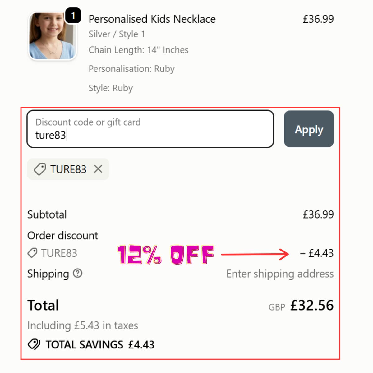HBD Kids Necklace checkout proof showing final subtotal
