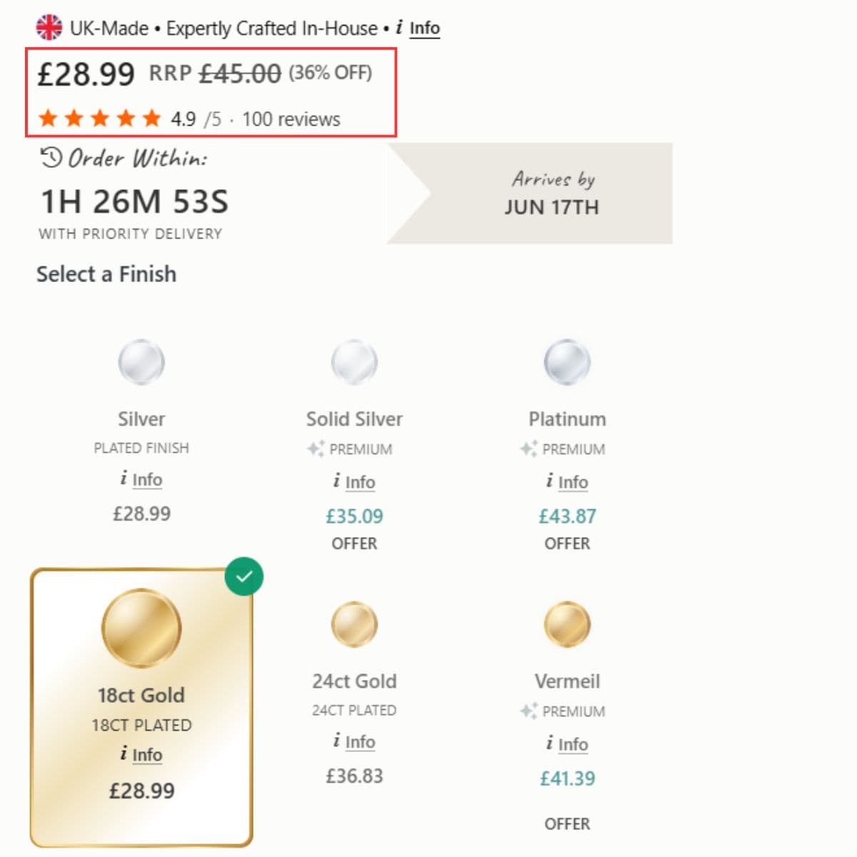 HBD Name Bracelet product page price rating proof showing £28.99 price, £45 RRP, 36% off and 4.9 out of 5 rating