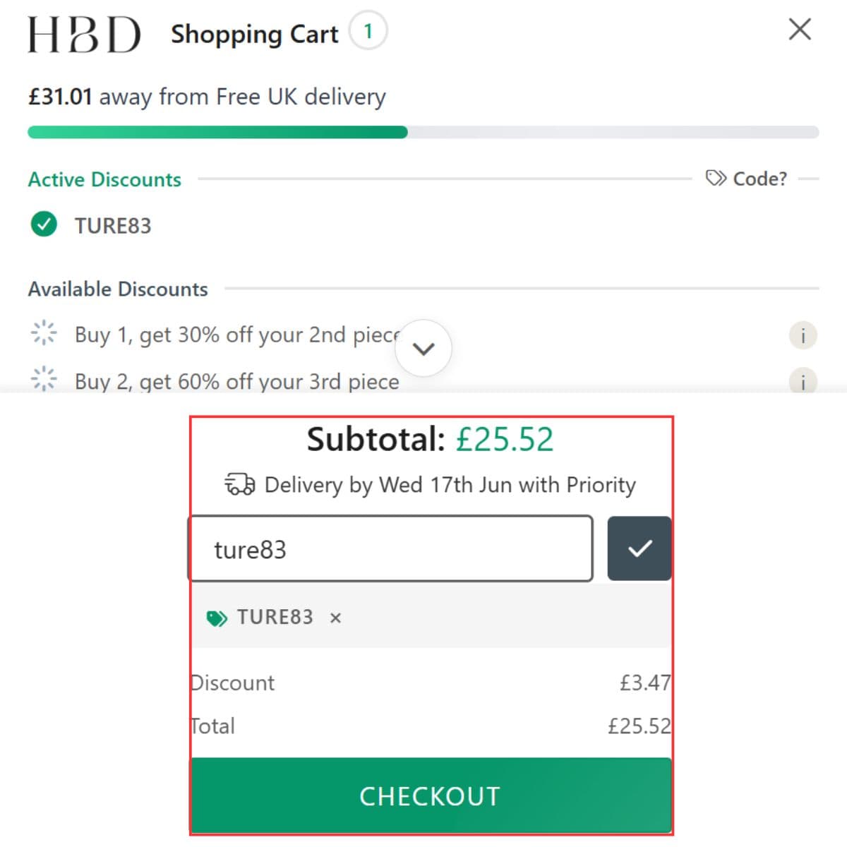 HBD Name Bracelet TURE83 cart discount proof showing £25.52 subtotal