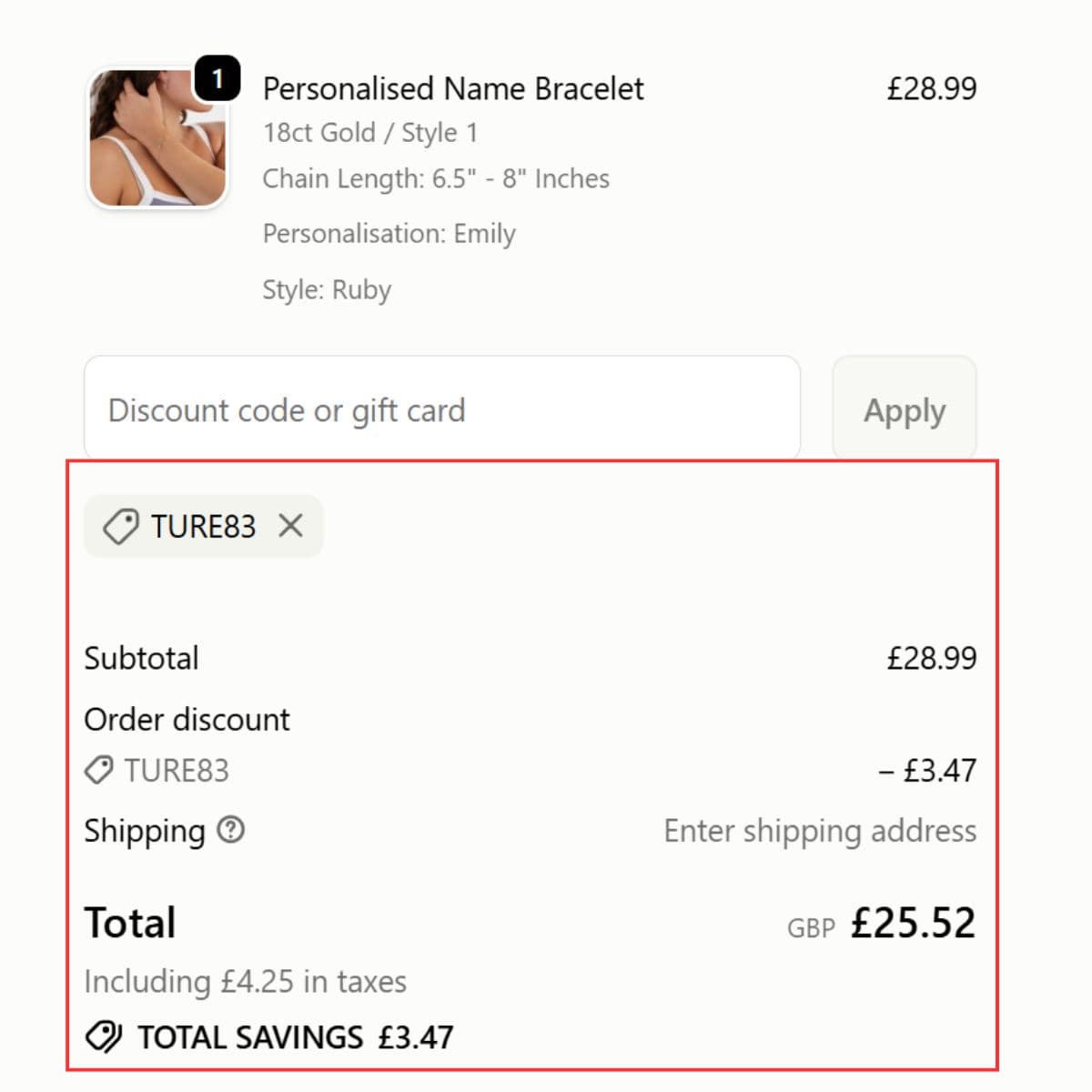 HBD Name Bracelet checkout proof showing order discount and £25.52 total