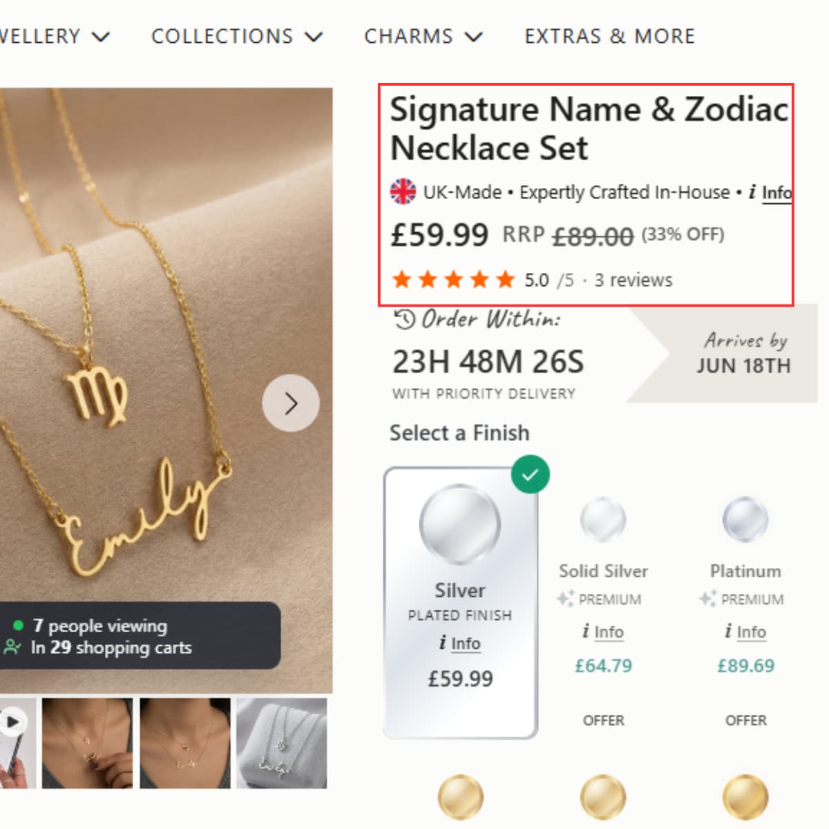 HBD Name and Zodiac Necklace Set product page price rating proof showing £59.99 price, £89 RRP, 33% off and 5.0 out of 5 rating