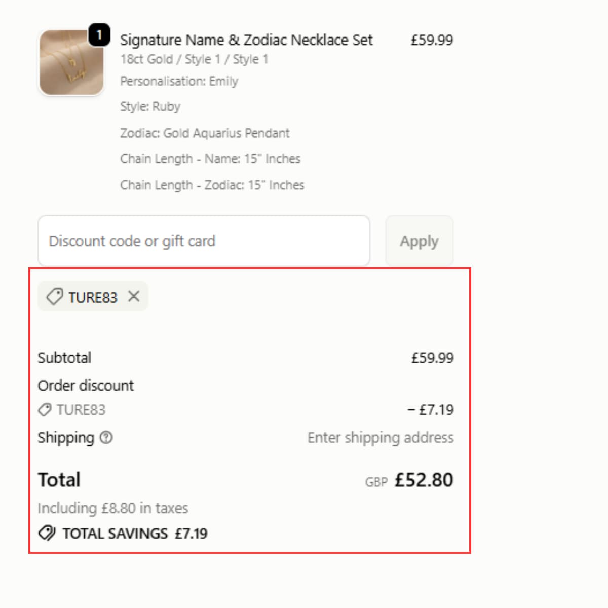 HBD Name and Zodiac Necklace Set checkout proof showing order discount and £52.80 total