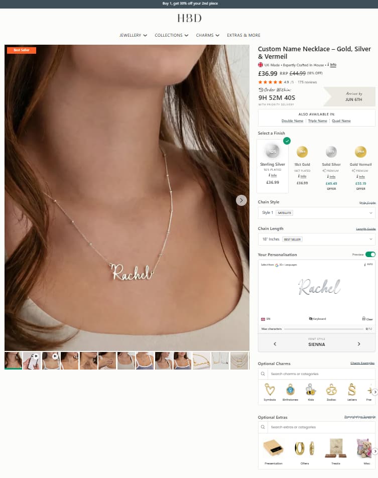 HBD Jewellery custom name necklace product page with finish and personalisation options