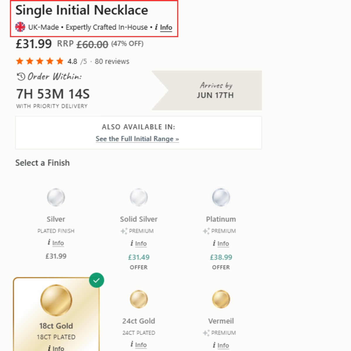 HBD Single Initial Necklace product page proof showing £31.99 price, £60 RRP, 47% off and 4.8 out of 5 rating