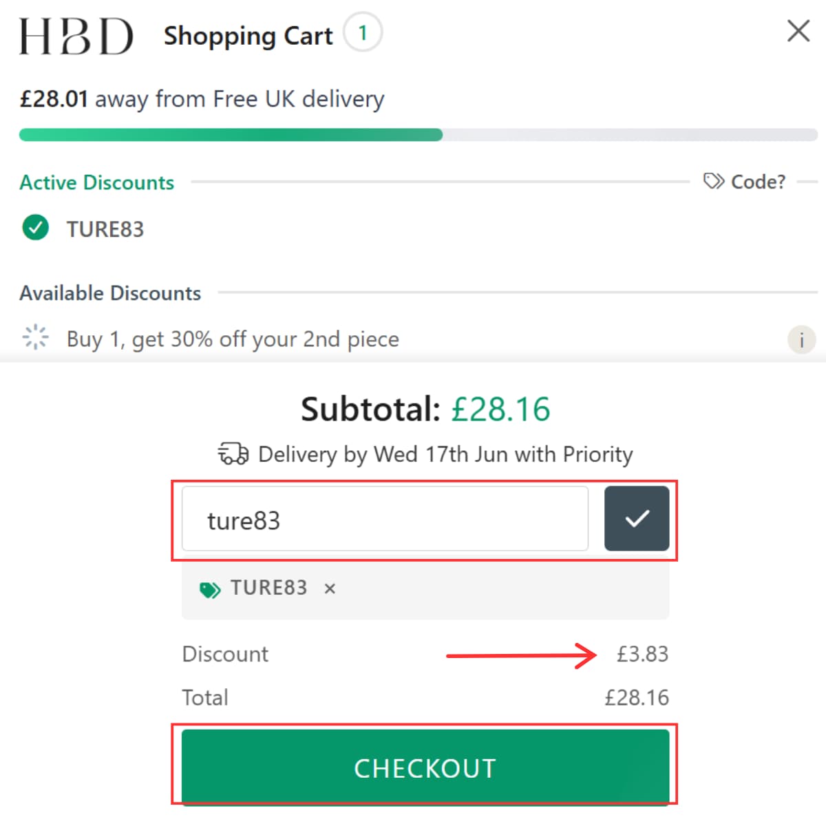 HBD Single Initial Necklace cart proof showing TURE83 active discount and £28.16 subtotal