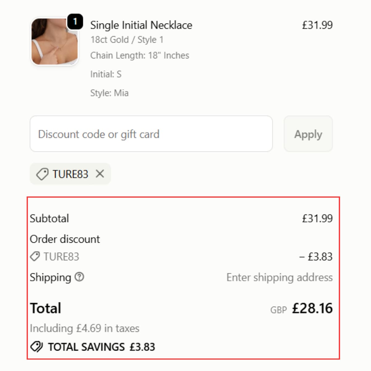 HBD Single Initial Necklace checkout proof showing £3.83 order discount and £28.16 total