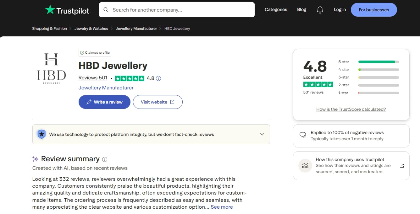 HBD Jewellery Trustpilot profile showing 4.8 rating and 501 reviews