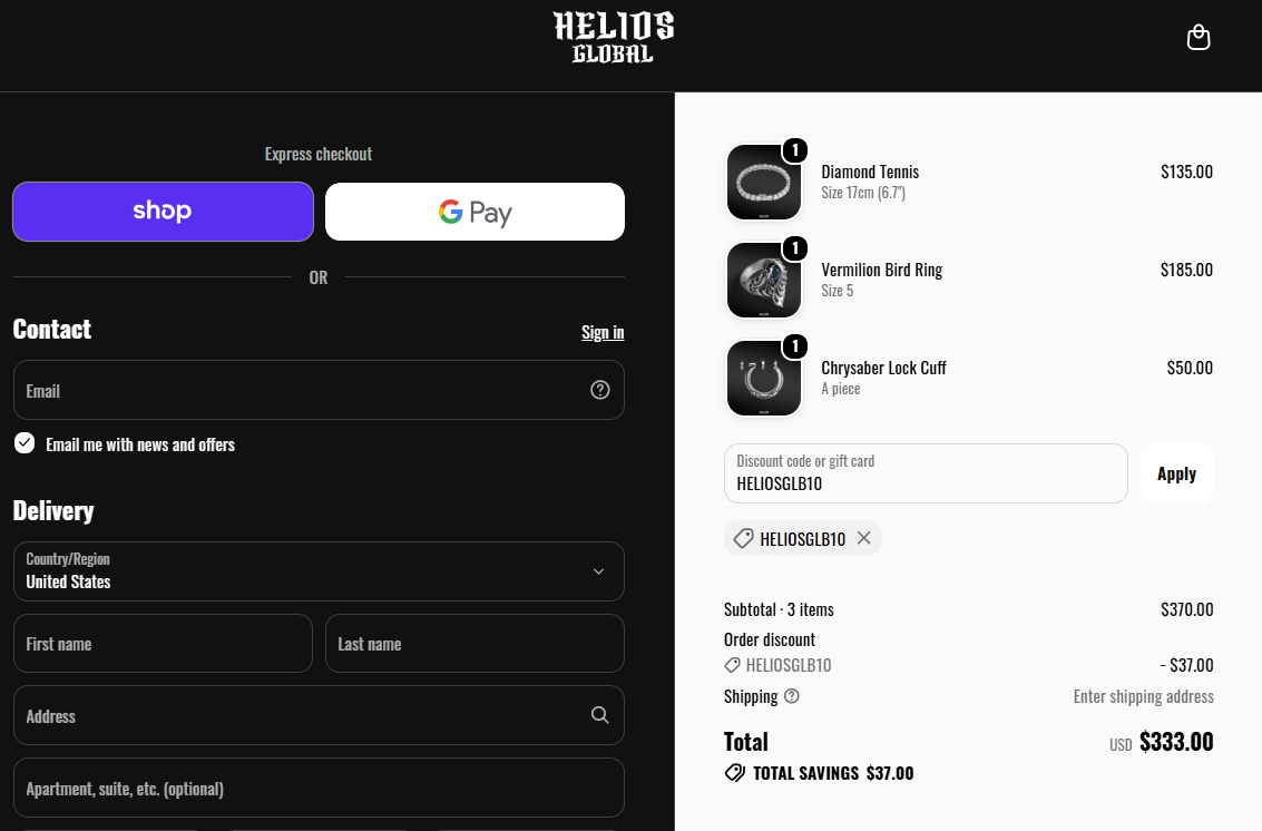 Helios Global Brand discount code HELIOSGLB10 10% off checkout proof