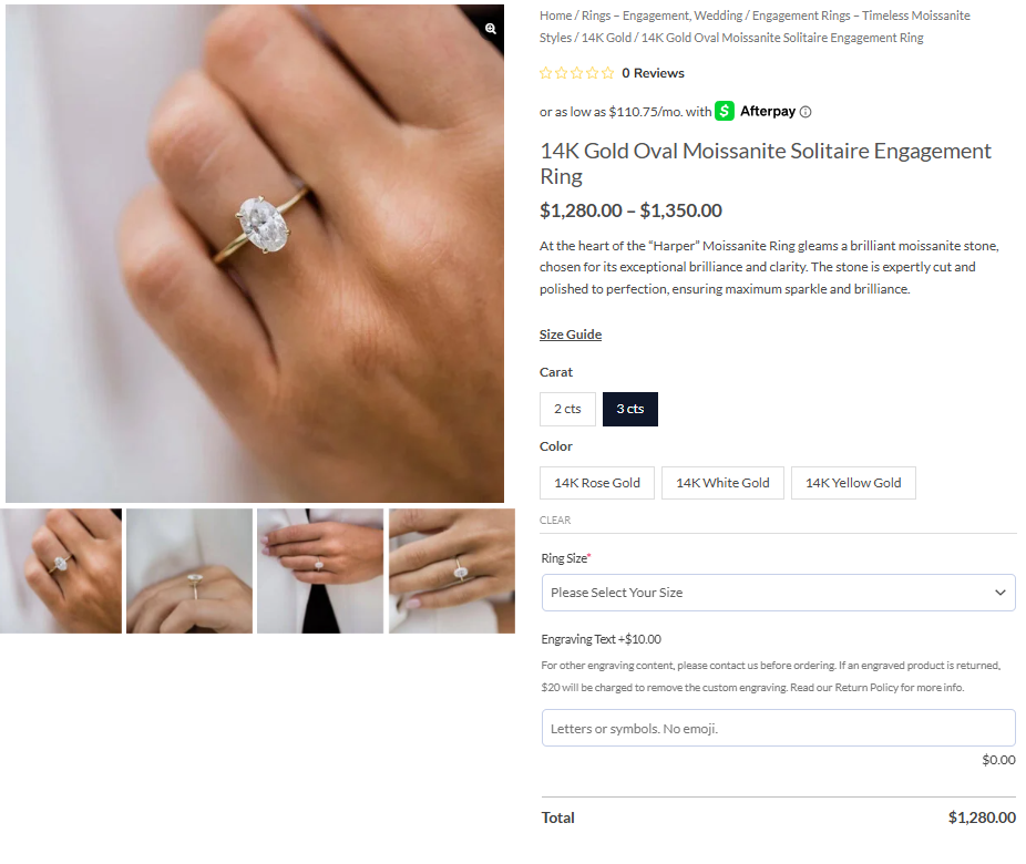 14K Gold Oval Moissanite Solitaire Engagement Ring
