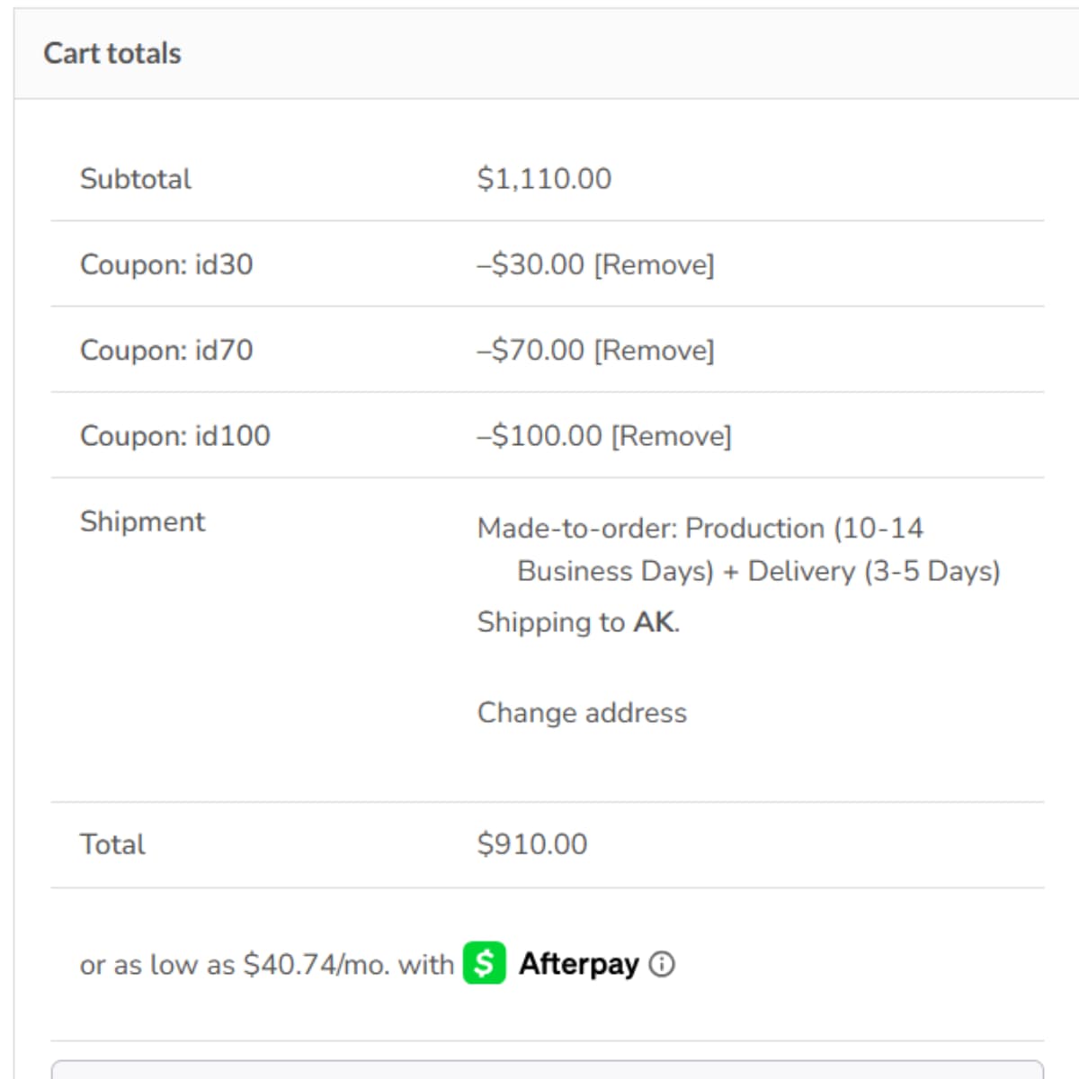 LaneWoods Jewelry ID30 ID70 and ID100 cart proof showing 200 dollars off