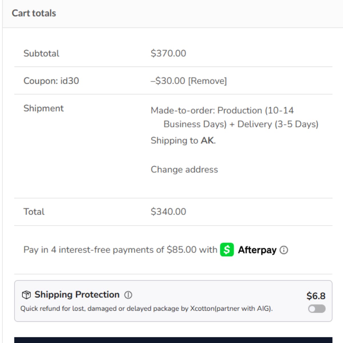 LaneWoods Jewelry ID30 cart proof showing 30 dollars off