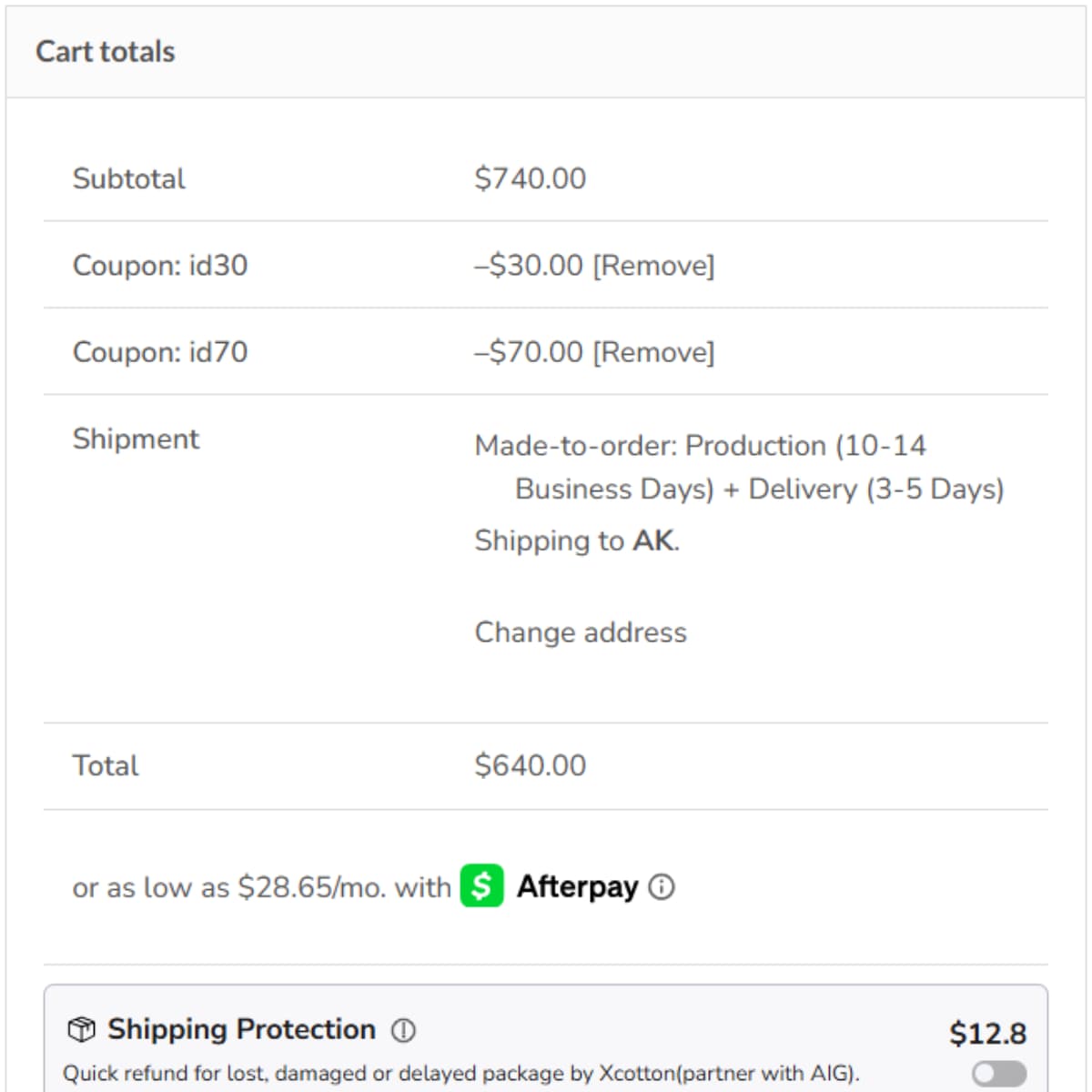 LaneWoods Jewelry ID30 and ID70 cart proof showing 100 dollars off