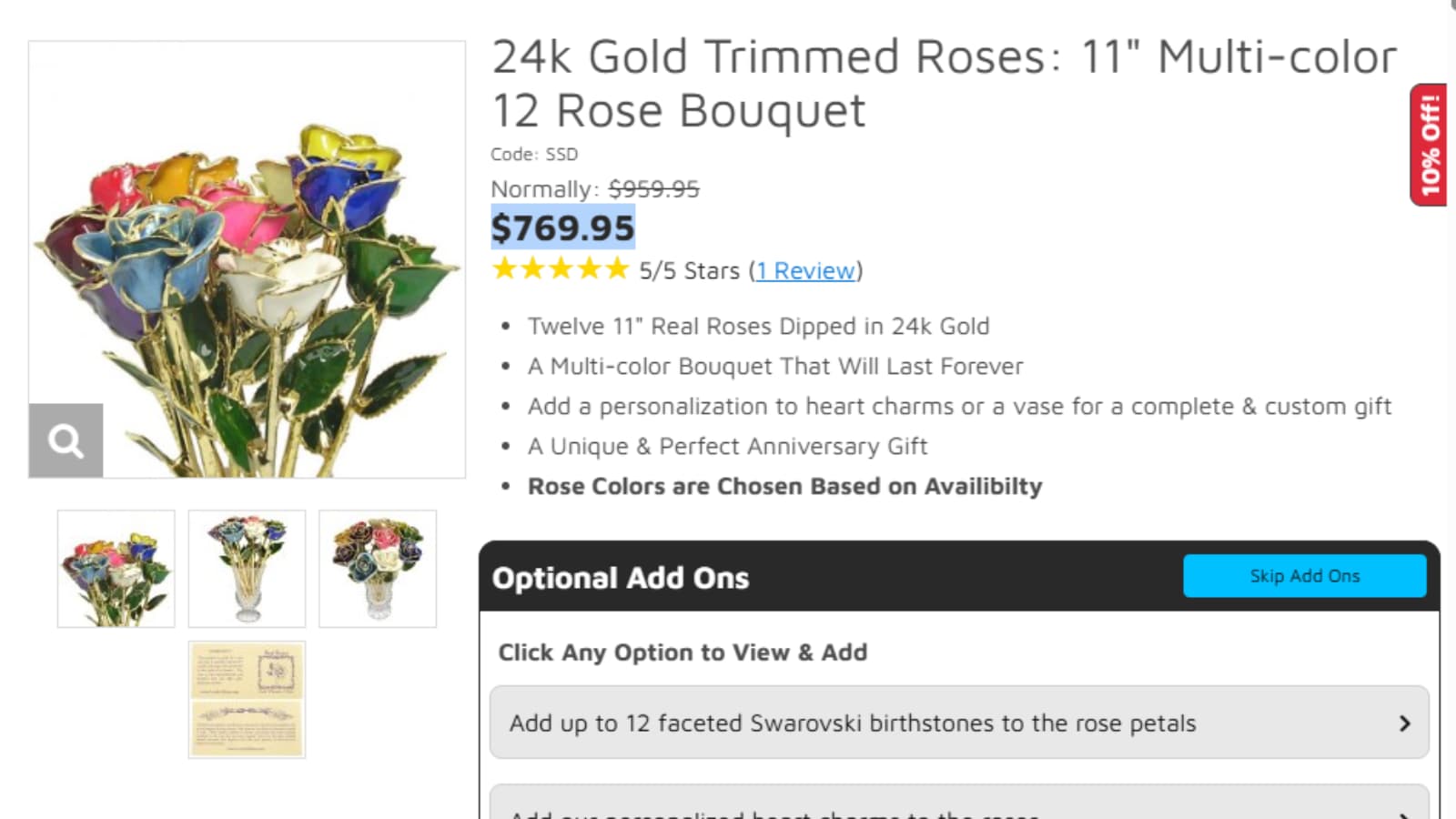 LoveIsARose 24k Gold Trimmed Roses 12 Rose Bouquet Save $190 deal