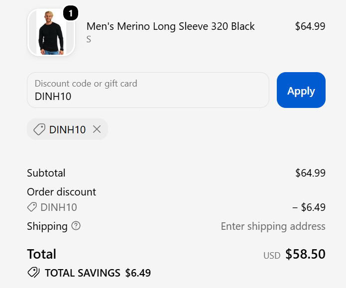 DINH10 applied to Men’s Merino Long Sleeve 320 Black, saving $6.49
