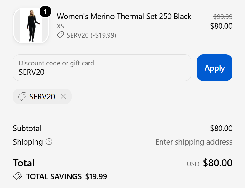 SERV20 applied to Women’s Merino Thermal Set 250 Black, saving $19.99