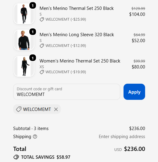 WELCOMEMT applied to three Merino Tech products, saving $58.97