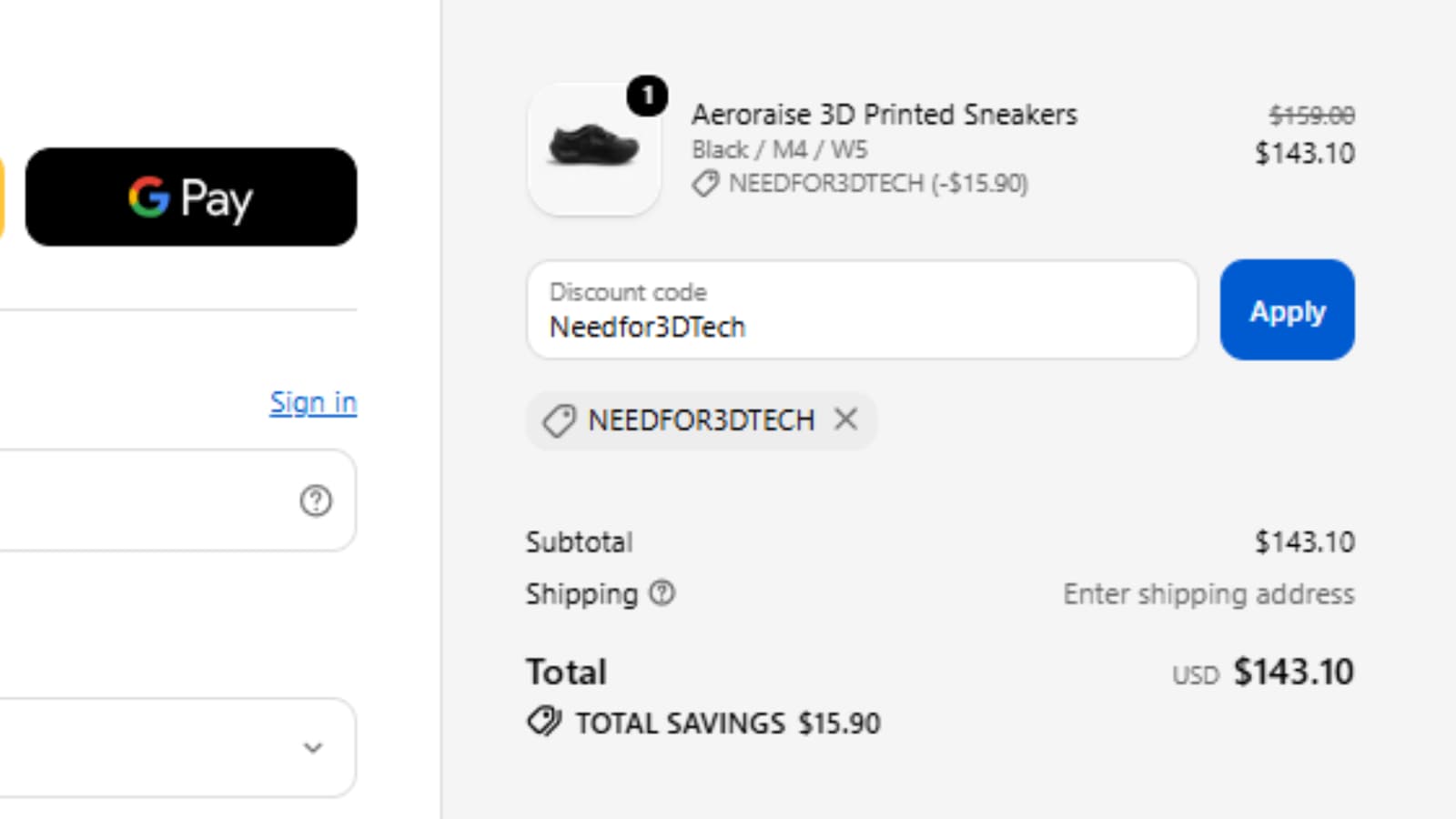 Nexbie Shoes Needfor3DTech coupon code checkout proof for Aeroraise 3D Printed Sneakers