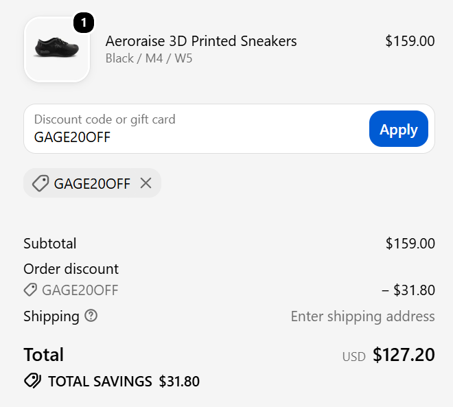 code GAGE20OFF 20% Off