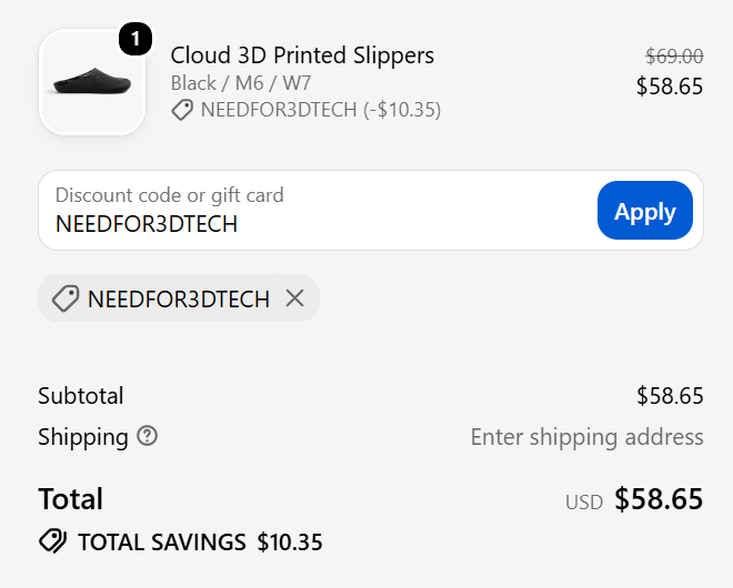 NEEDFOR3DTECH code gives 15% off Nexbie Cloud 3D Printed Slippers at checkout