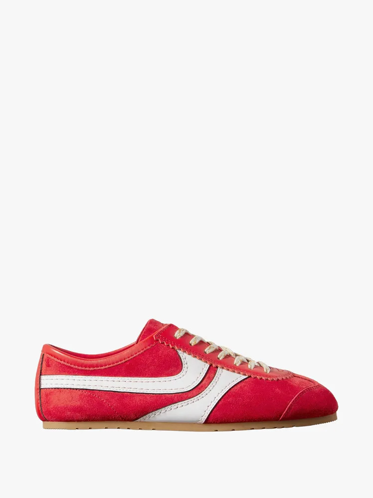 Red low-profile traditional sneaker with contrasting side stripes