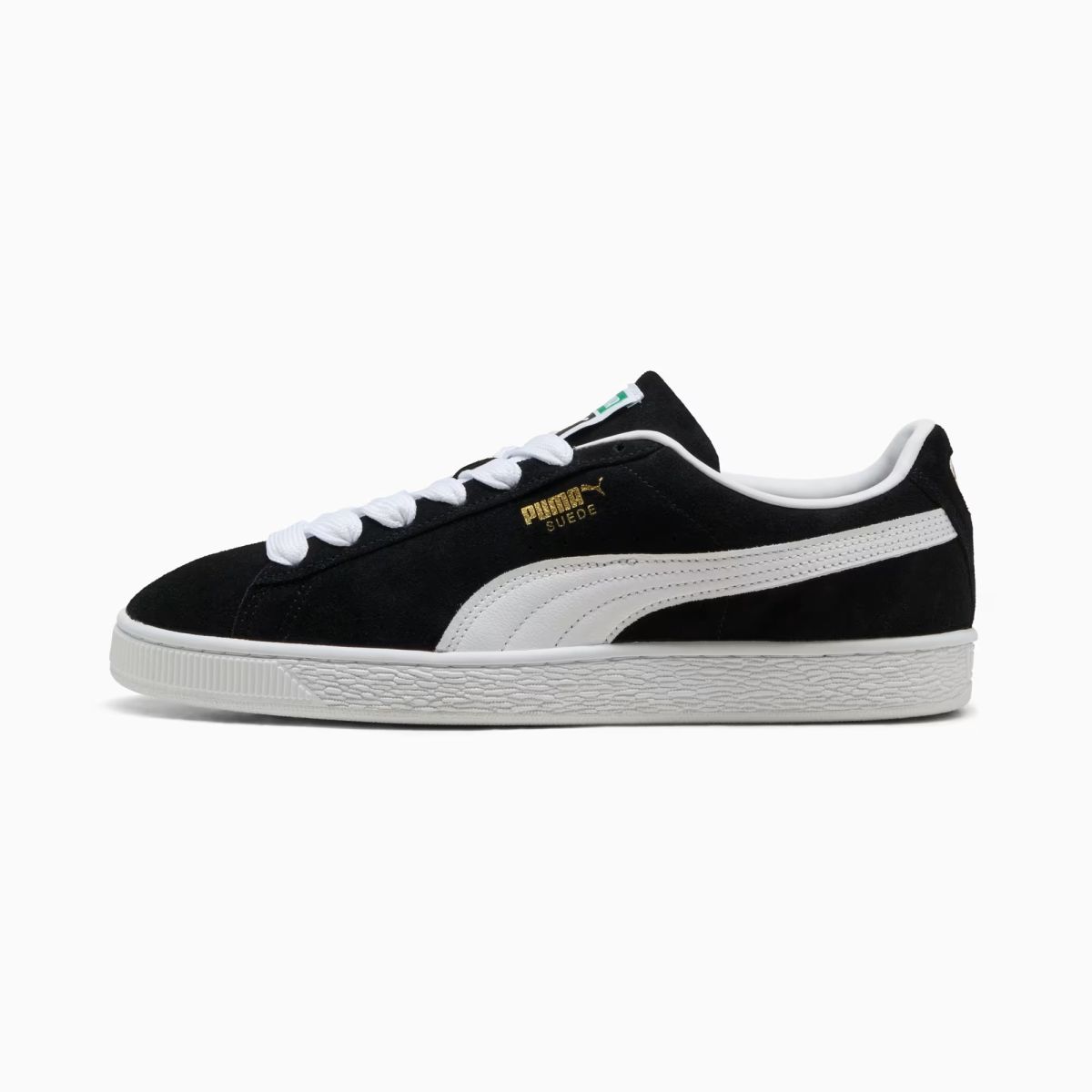 Black suede court-style traditional sneaker with white side detail