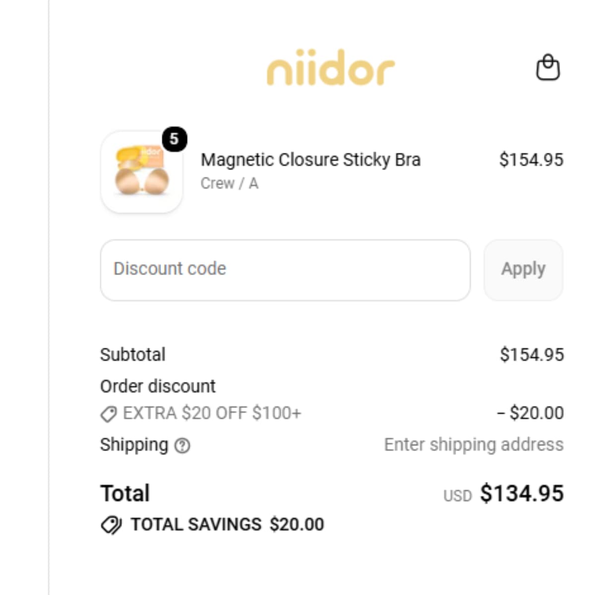 Niidor checkout extra $20 off $100 order discount proof