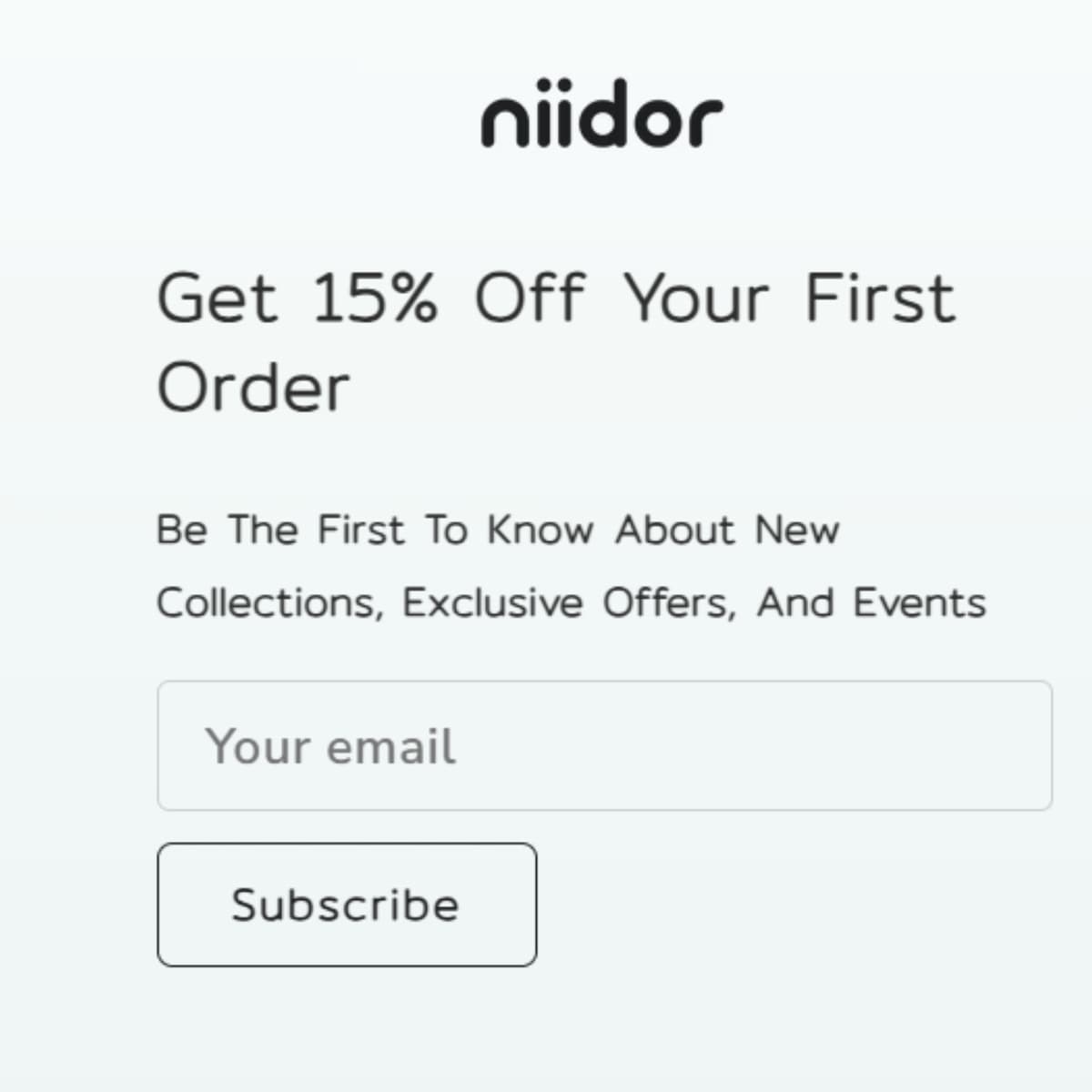 Niidor first order 15% off signup offer proof