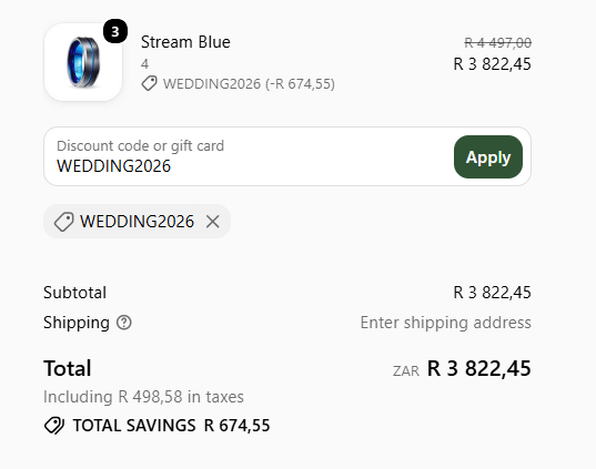 Orbit checkout showing WEDDING2026 applied to three Stream Blue rings with a R674.55 discount and a R3,822.45 total