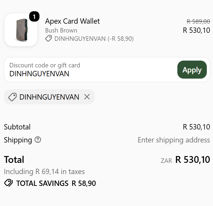 Apex Card Wallet discount code DINHNGUYENVAN 10 percent off checkout proof