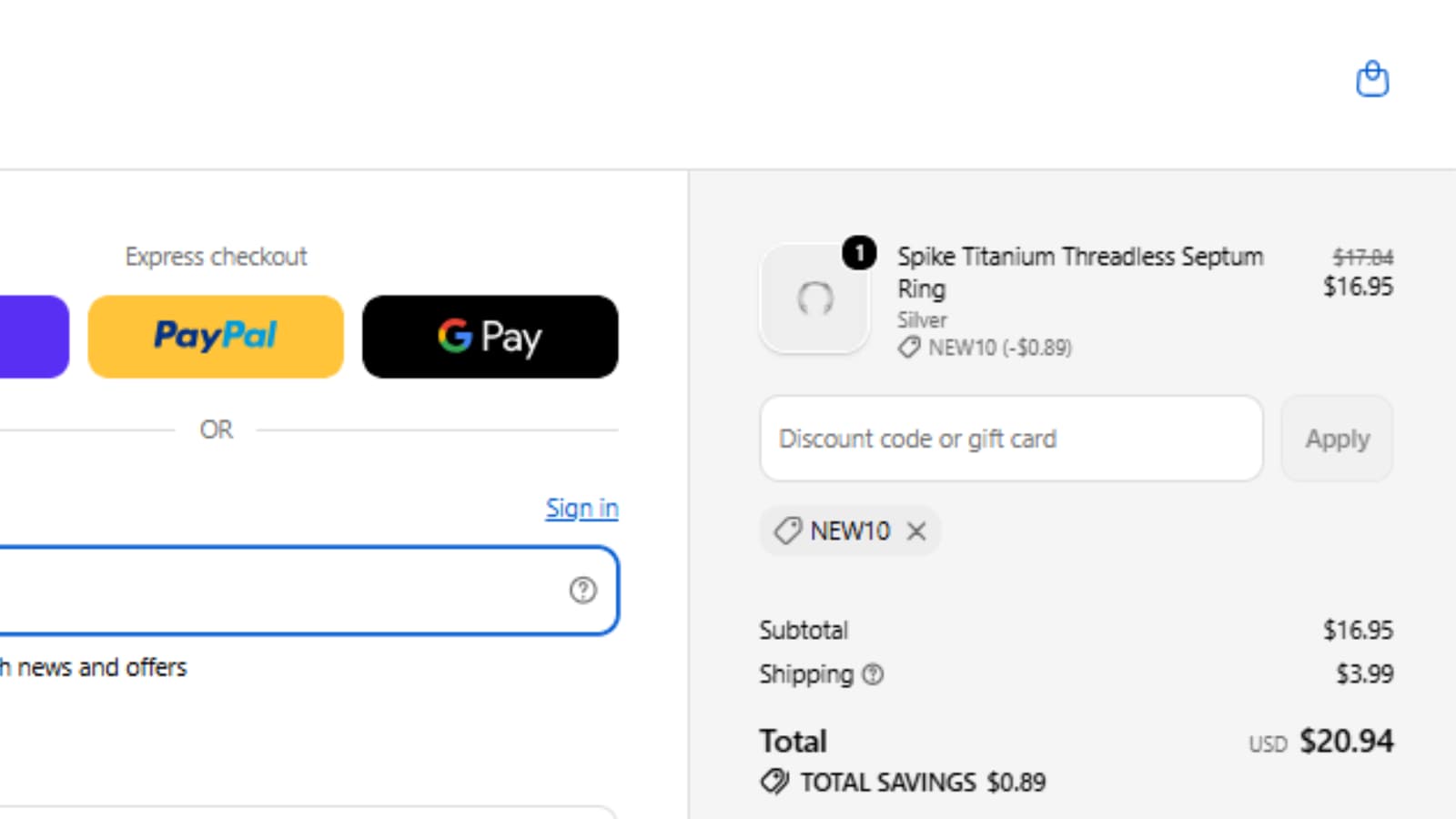 Oufer Body Jewelry new10 coupon code checkout proof for Spike Titanium Threadless Septum Ring
