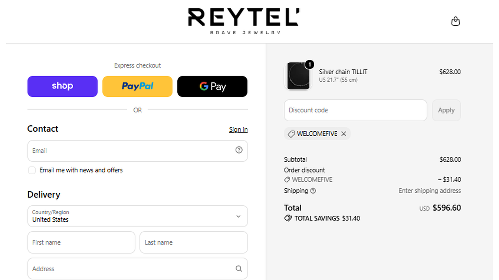 Reytel Jewelry WELCOMEFIVE checkout proof showing 5 percent off Silver TILLIT Chain