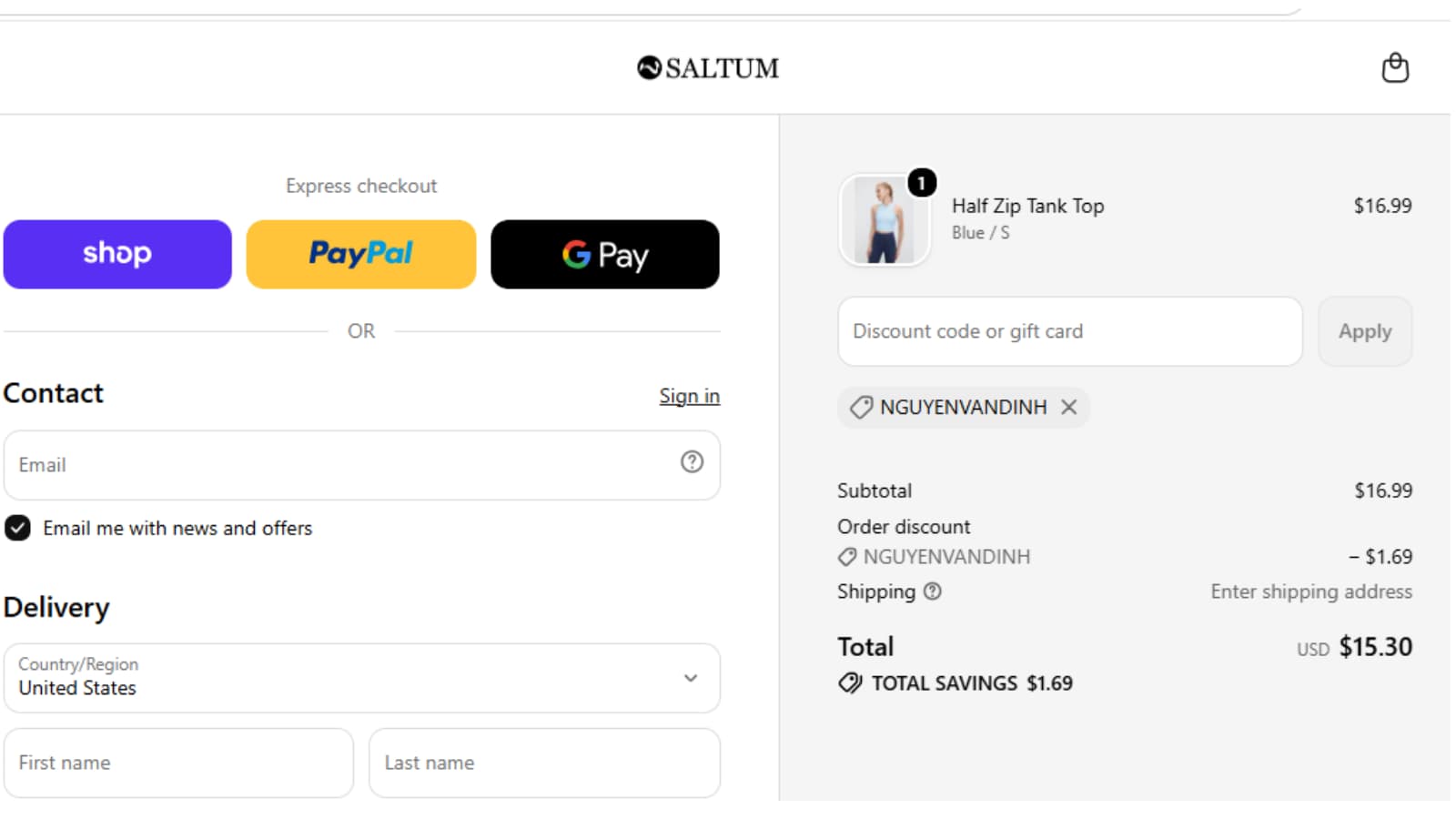 Saltum NGUYENVANDINH coupon code checkout proof showing 10% off Half Zip Tank Top