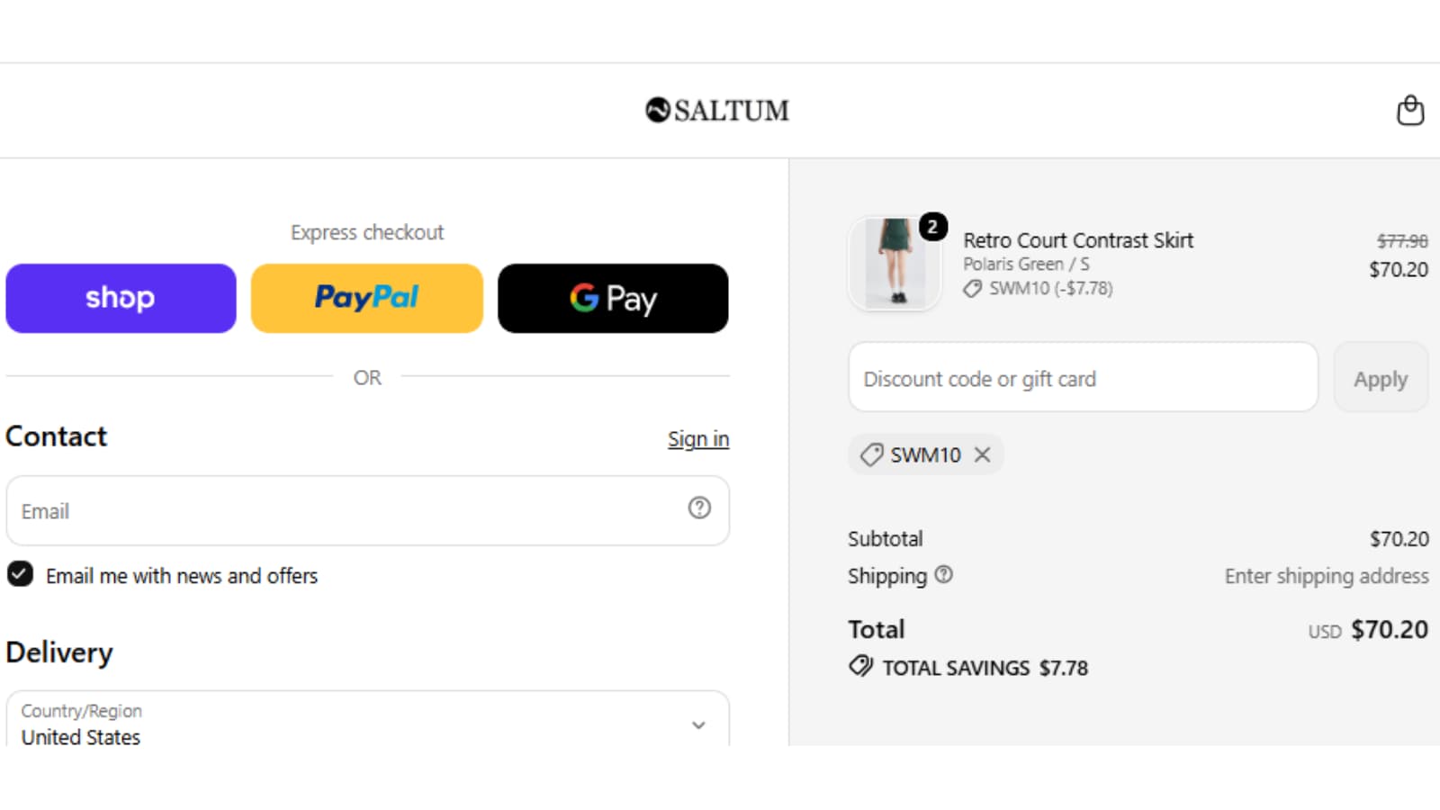 Saltum SWM10 checkout proof showing 10% off two Retro Court Contrast Skirts