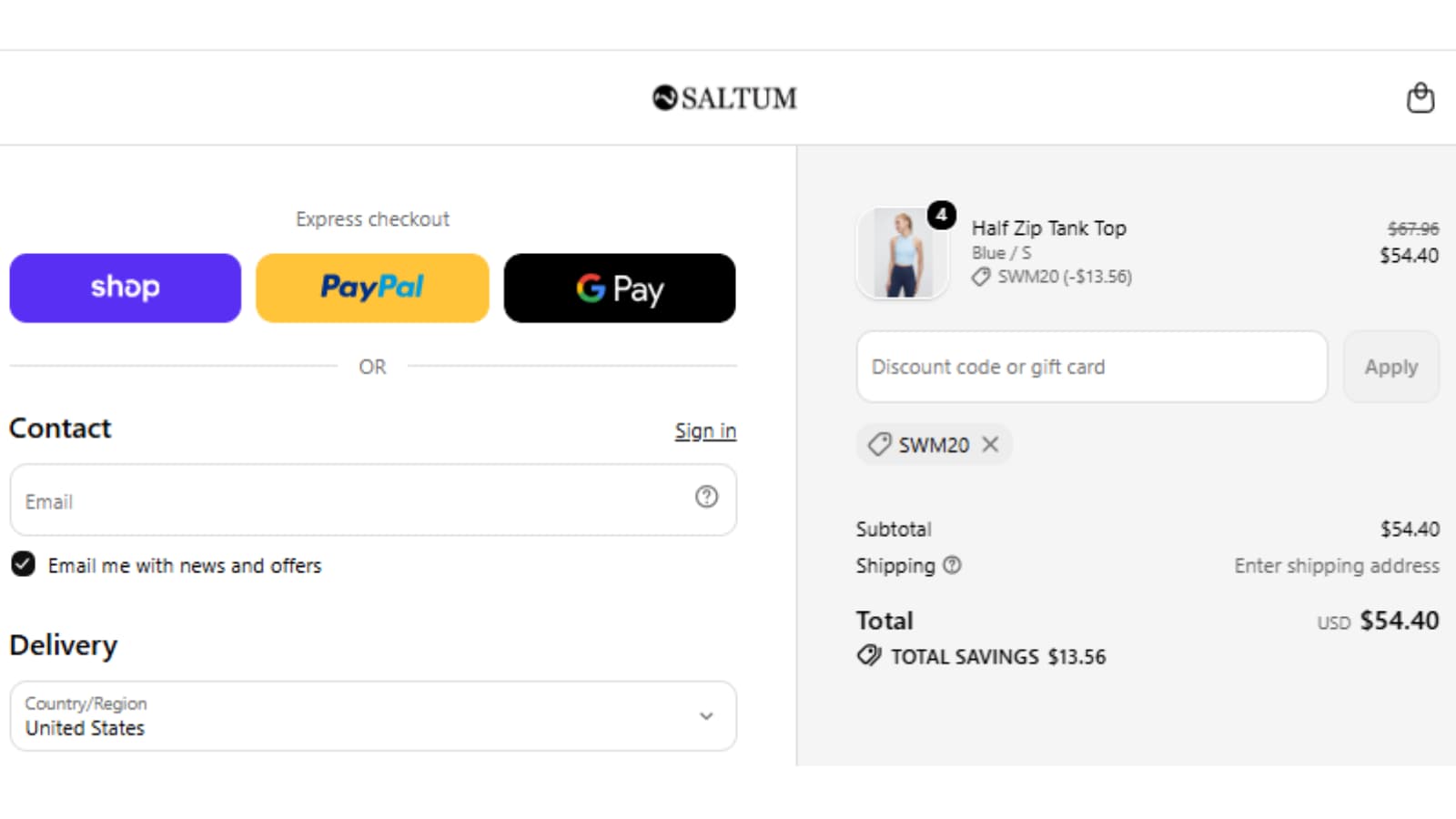 Saltum SWM20 checkout proof showing 20% off four Half Zip Tank Tops