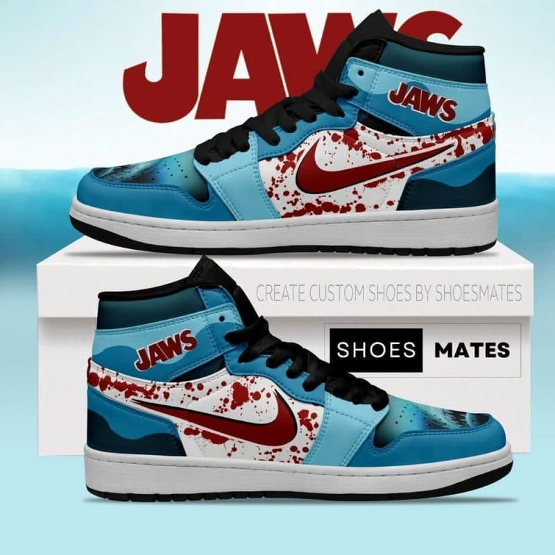 JAWS Air Jordan 1 High Top Shoes in blue, white and red with shark-movie-inspired graphics